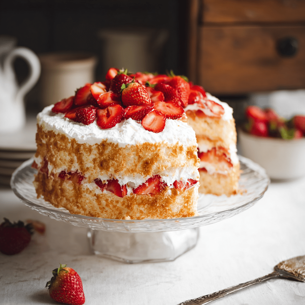 Angel Food Strawberry Cake Dessert – Easy, Light & Irresistible 5 Angel food strawberry cake dessert sliced and layered with whipped cream .