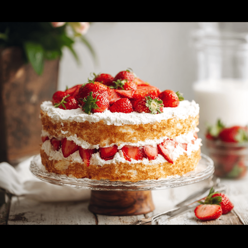 Angel food strawberry cake dessert sliced and layered with whipped cream