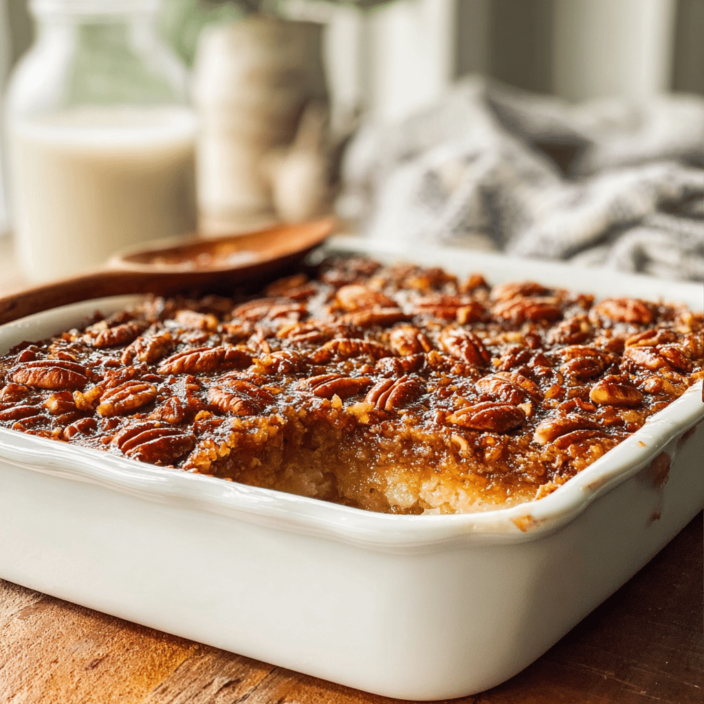 Pecan Pie Dump Cake – Amazing 3-Step Southern Favorite 5 Pecan pie dump cake fresh from the oven in a white baking dish1