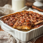 Pecan Pie Dump Cake – Amazing 3-Step Southern Favorite 6 Pecan pie dump cake fresh from the oven in a white baking dish