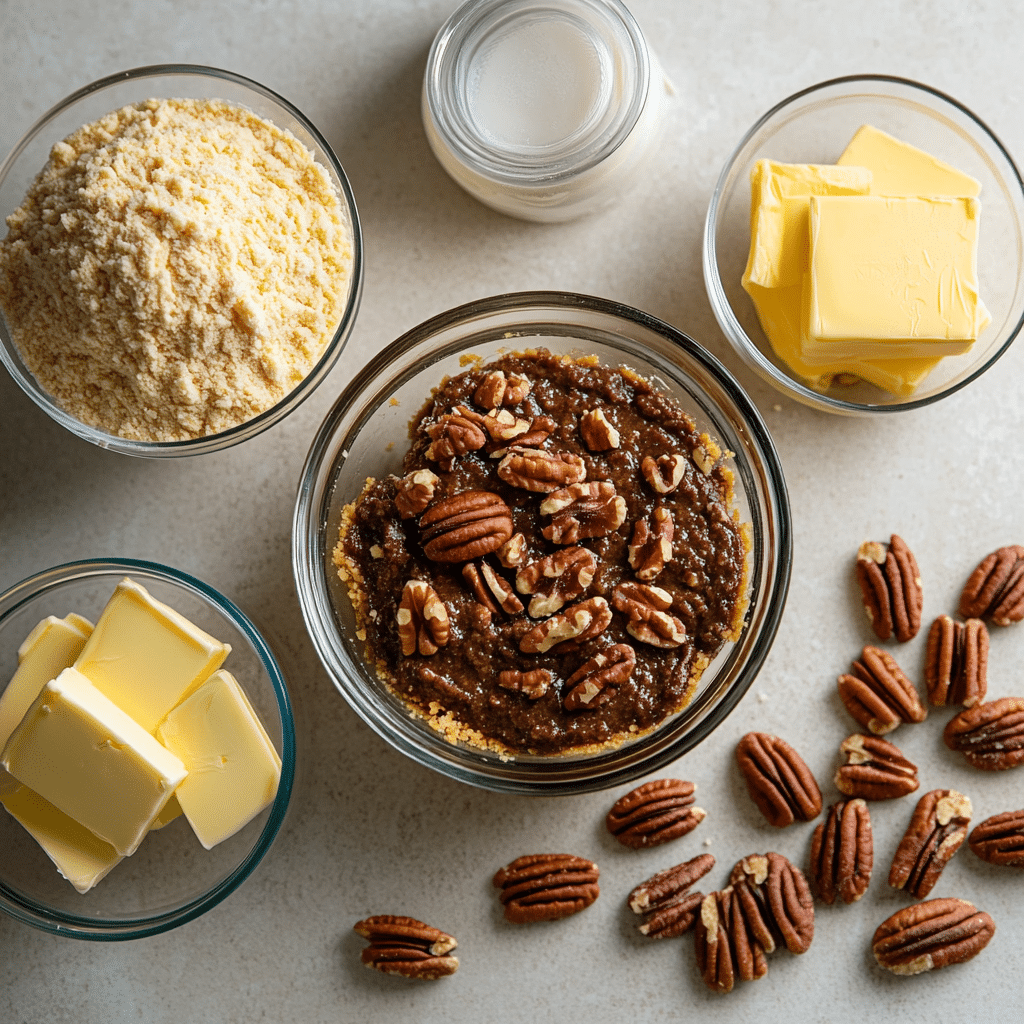 Pecan Pie Dump Cake – Amazing 3-Step Southern Favorite 7 Ingredients for pecan pie dump cake on a kitchen counter