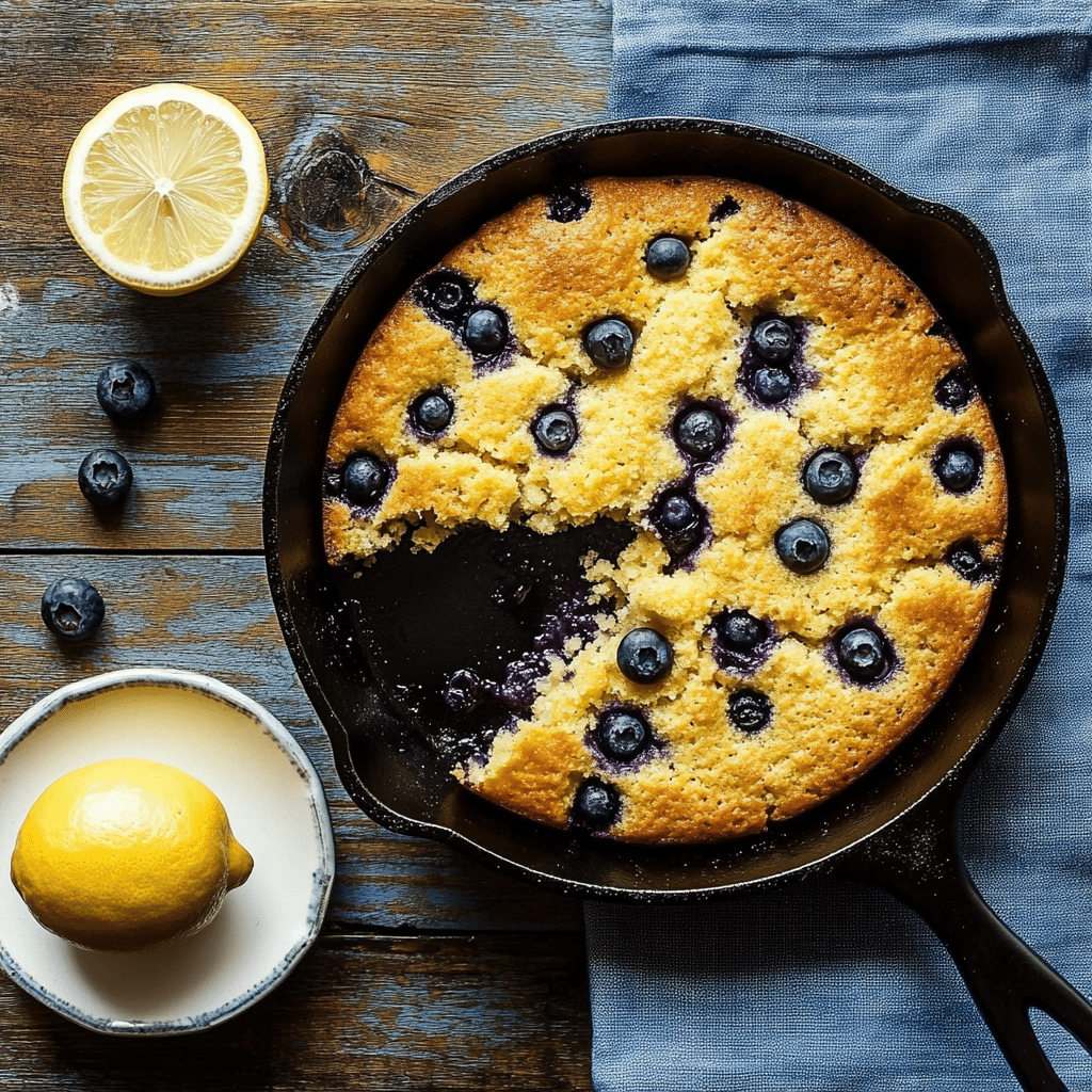 Recipe for Blueberry Lemon Cornbread in skillet